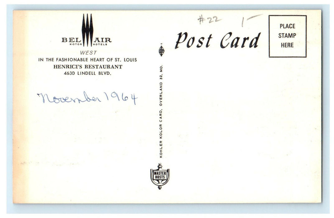 1964 Bell Air Motor Hotels, Henrici's Restaurant Lindell Blvd. Postcard