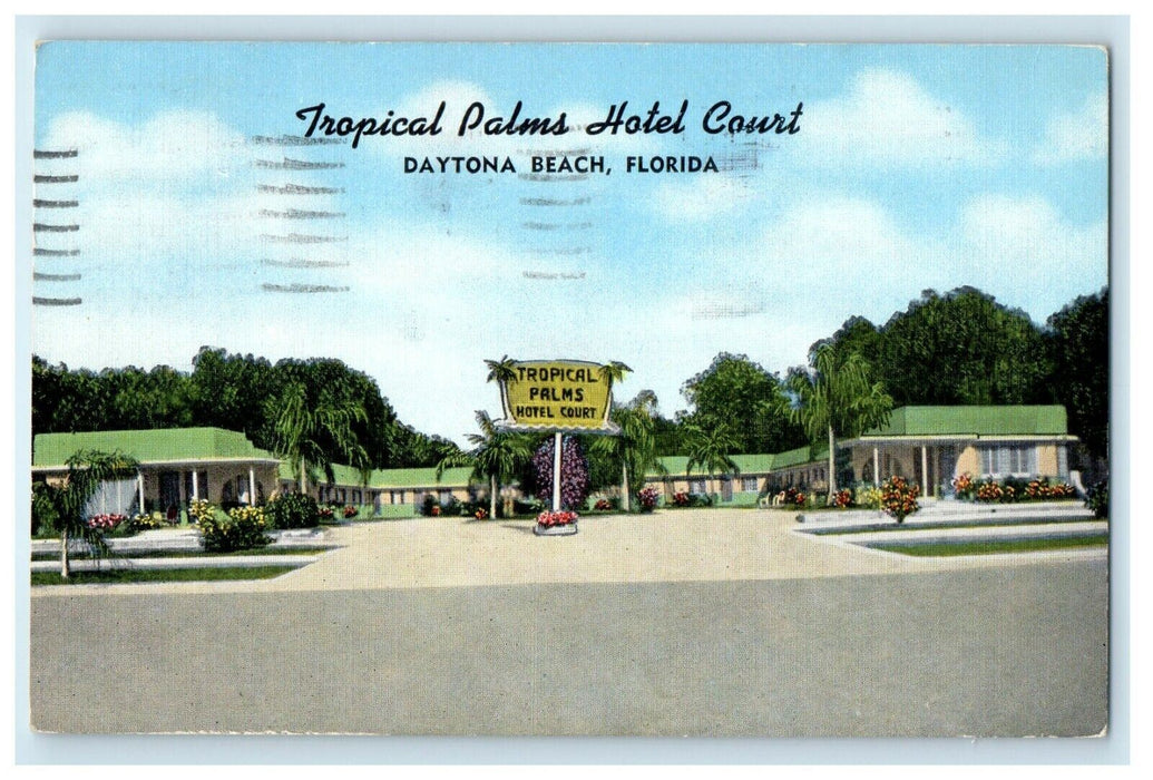 1955 Tropical Palms Hotel Court Street View Daytona Beach Florida FL Postcard