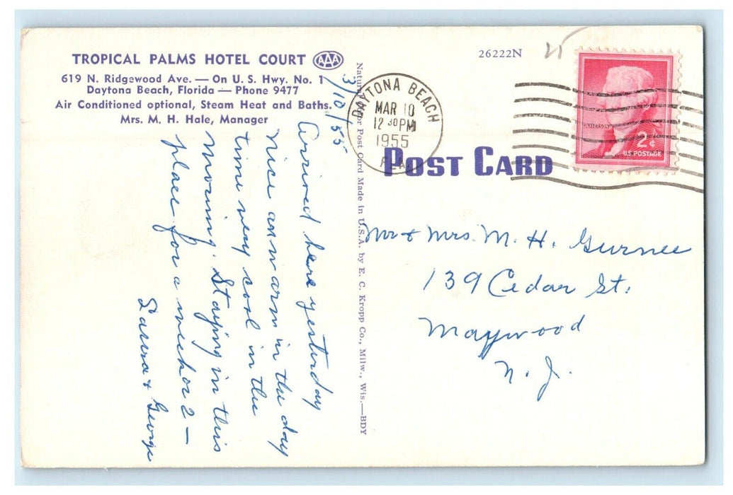 1955 Tropical Palms Hotel Court Street View Daytona Beach Florida FL Postcard