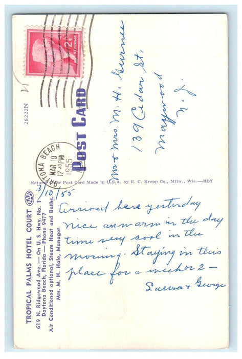 1955 Tropical Palms Hotel Court Street View Daytona Beach Florida FL Postcard