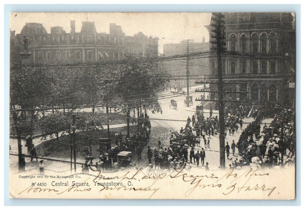 1907 View Of Central Square Youngstown Ohio OH Antique Rotograph Postcard