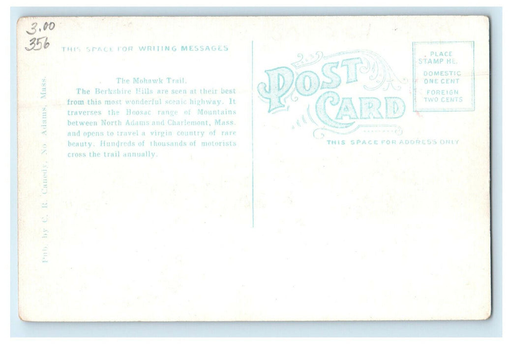 c1920s Mohawk Trail, Deerfield Valley from Whitcomb Summit, Unposted Postcard