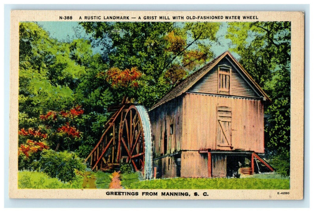 Greetings From Manning SC, Grist Mill With Old Fashioned Water Wheel Postcard