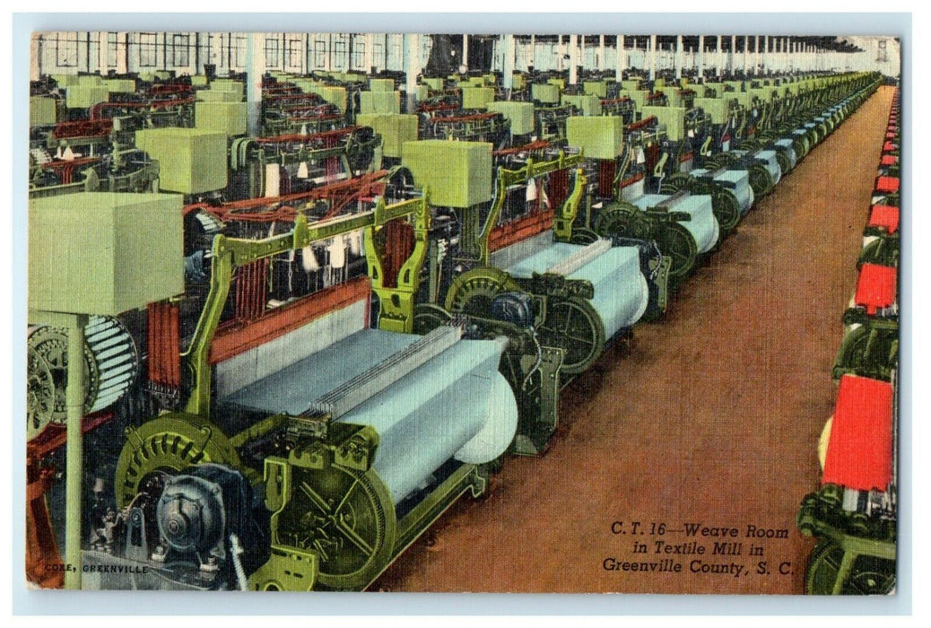 1960 Weave Room In Textile Mill In Grenville County South Carolina SC Postcard