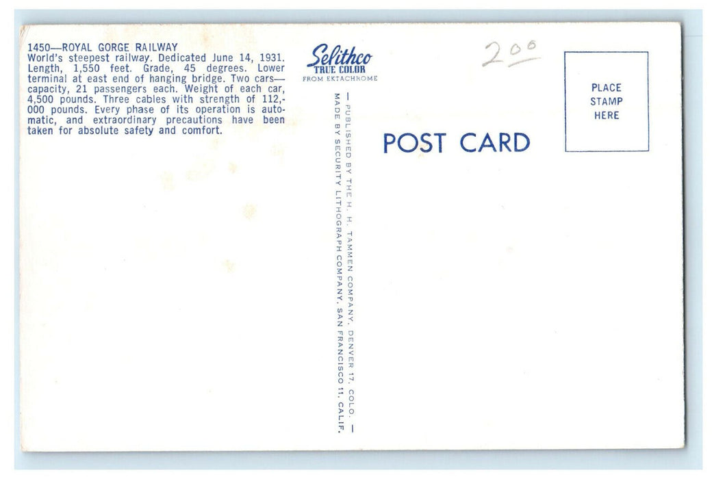 c1950s Royal Gorge Railway Steepest Railway Colorado Advertising Postcard