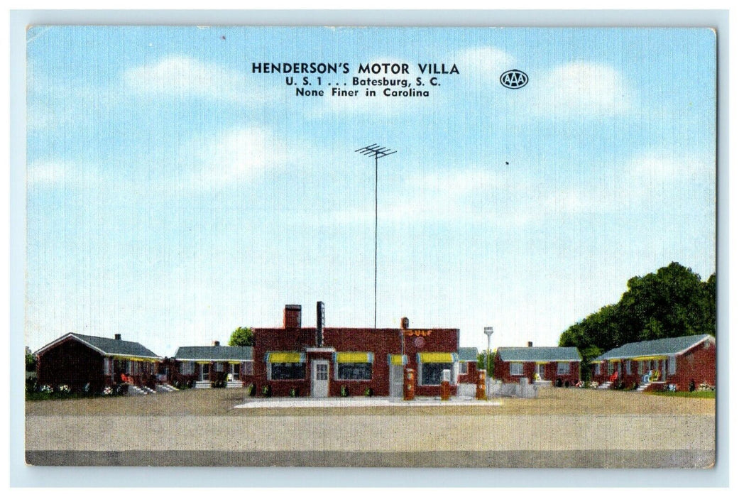 c1940's Henderson's Motor Villa Motel And Coffee Shop Batesburg SC Postcard