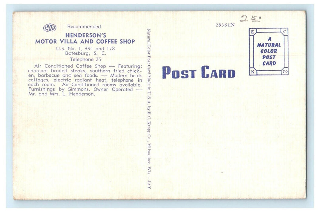 c1940's Henderson's Motor Villa Motel And Coffee Shop Batesburg SC Postcard