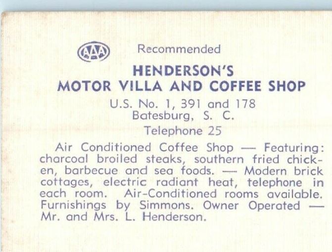 c1940's Henderson's Motor Villa Motel And Coffee Shop Batesburg SC Postcard