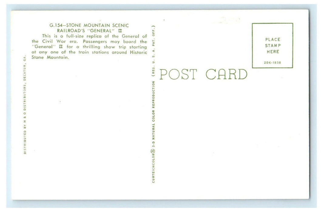 c1960 Stone Mountain Scenic Railroad "The General" II Train Replica Postcard