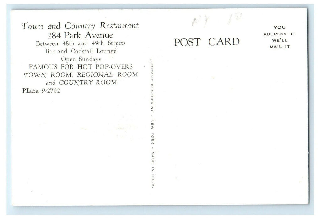 c1940's Regional Room Town Country Restaurant Park Avenue New York NY Postcard