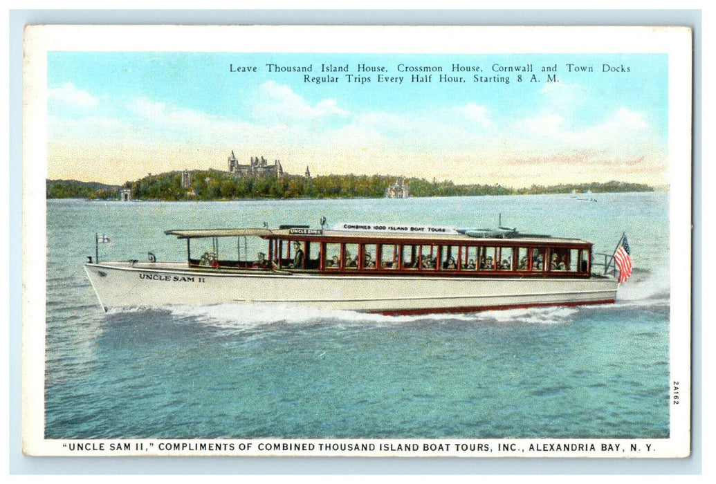 c1940s "Uncle Sam" Compliment of Thousand Island Boat Tours New York NY Postcard