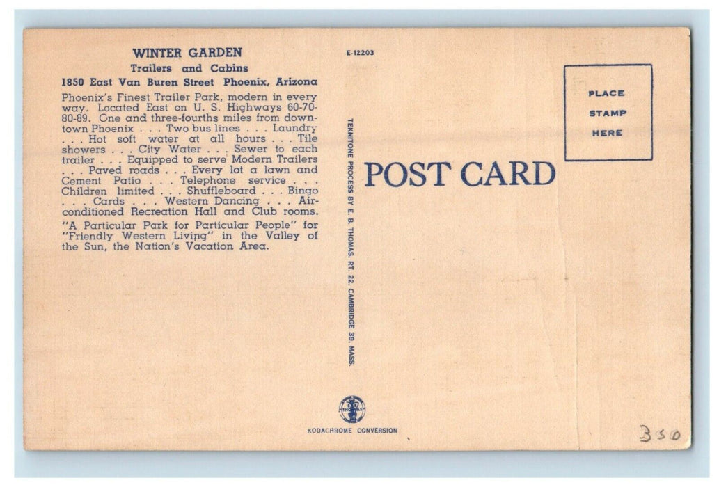 c1940's Winter Garden Cabins & Trailers Street View Phoenix Arizona AZ Postcard