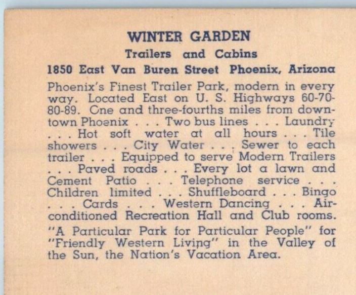 c1940's Winter Garden Cabins & Trailers Street View Phoenix Arizona AZ Postcard
