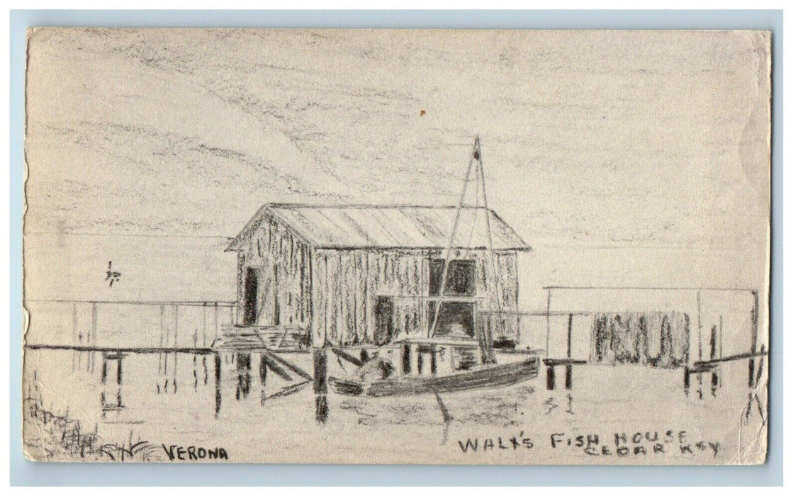 1967 Walx's Fish House Sketch Verona Watson Island Cedar Key Florida FL Postcard