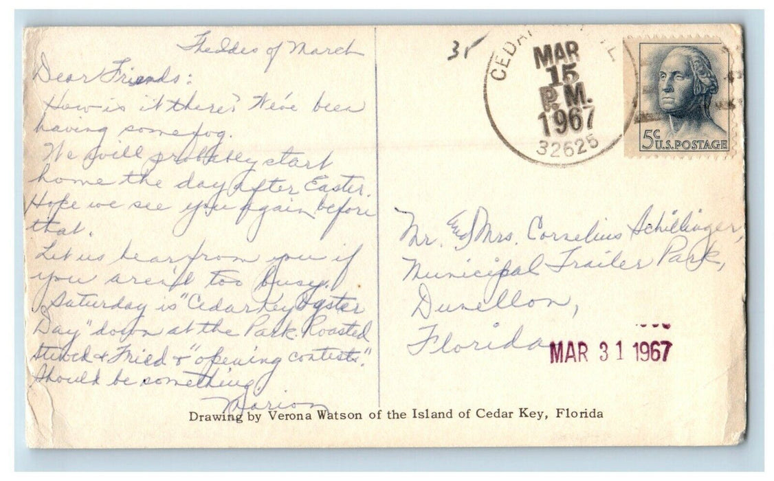 1967 Walx's Fish House Sketch Verona Watson Island Cedar Key Florida FL Postcard