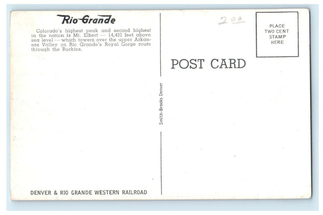 c1960 Colorado's Highest Peak is Mt. Elbert, Train in D and RG Railroad Postcard