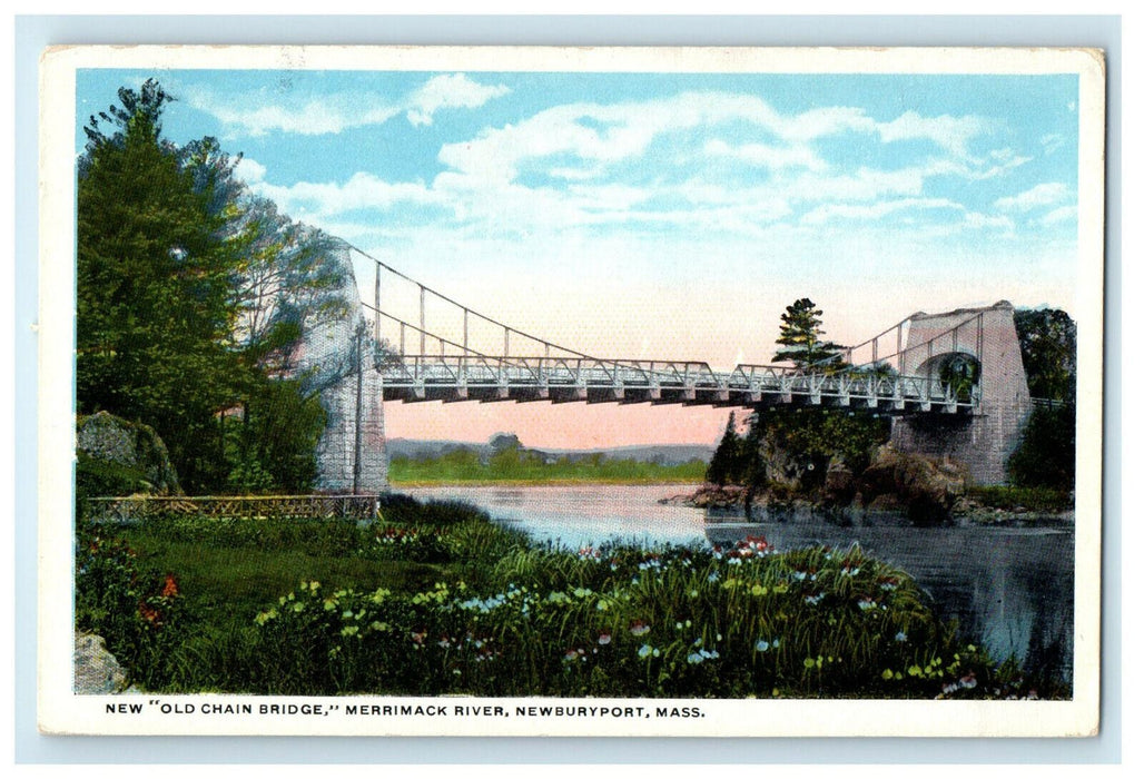 c1920s "Old Chain Bridge" Merrimack River, Newburyport Massachusetts MA Postcard