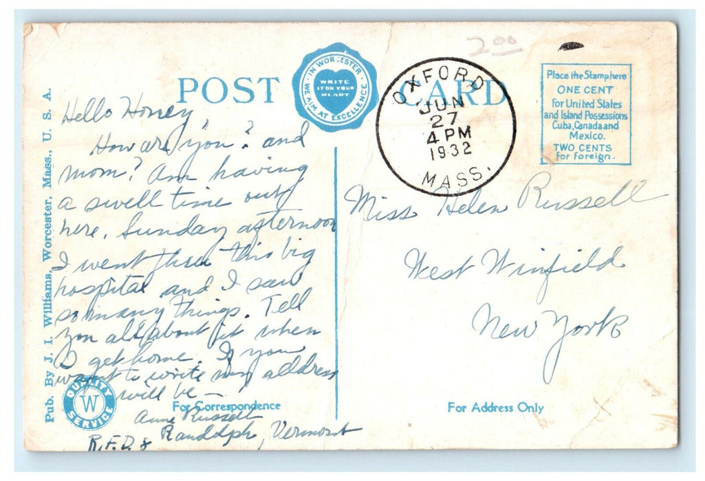 1932 Worcester City Hospital, Worcester, Massachusetts MA Posted Postcard
