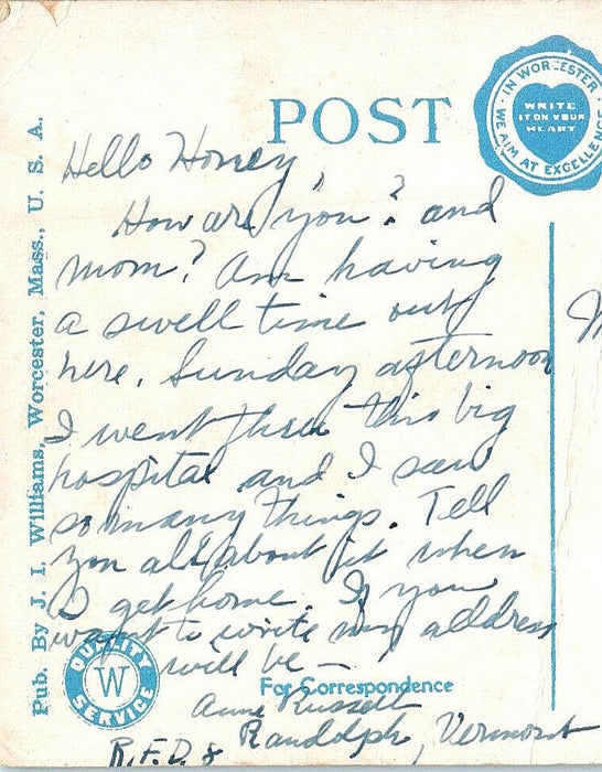 1932 Worcester City Hospital, Worcester, Massachusetts MA Posted Postcard