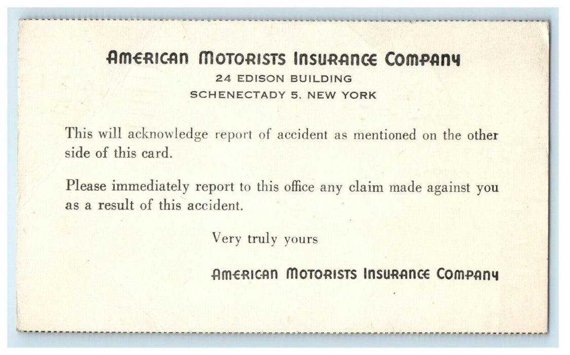 1945 Insurance Company Accident Report Schenectady Advertising NY Postcard