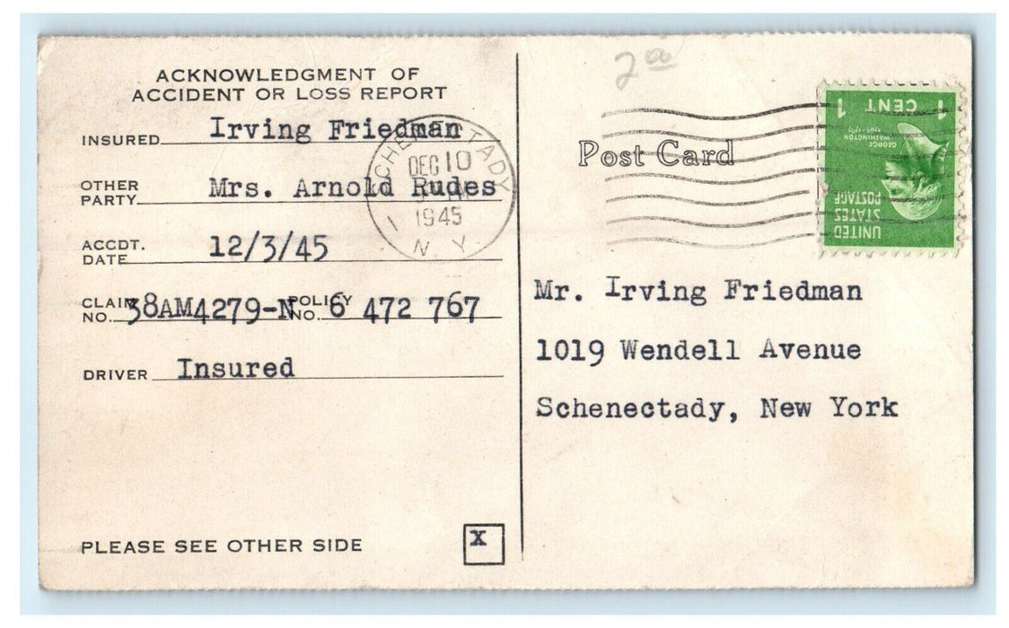 1945 Insurance Company Accident Report Schenectady Advertising NY Postcard