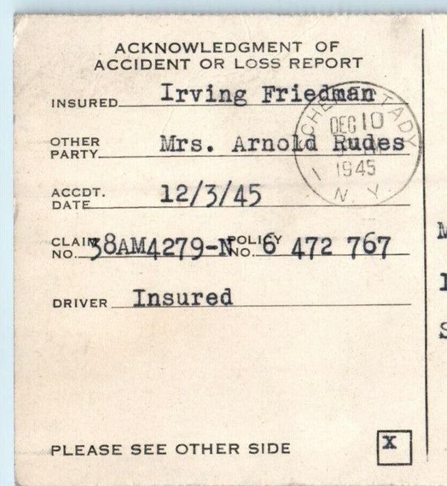 1945 Insurance Company Accident Report Schenectady Advertising NY Postcard