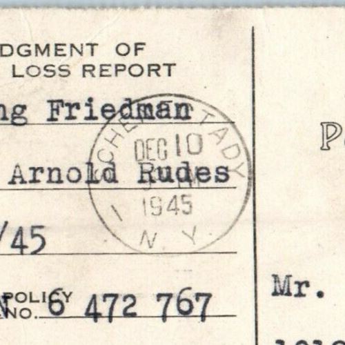 1945 Insurance Company Accident Report Schenectady Advertising NY Postcard