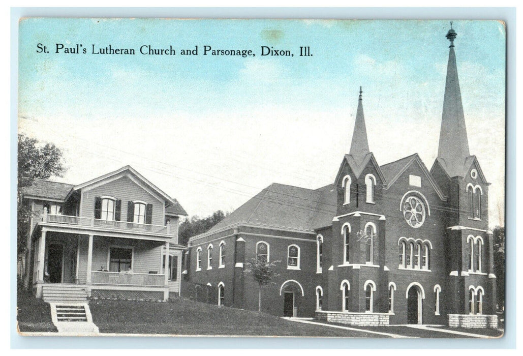 St. Paul's Lutheran Church & Parsonage Dixon Illinois c1910 Antique Postcard