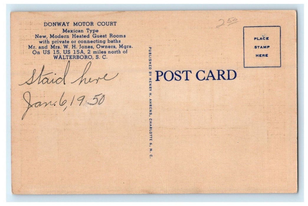 1950 Donway Motor Court Motel Hotel Entrance Miles North Walterboro SC Postcard