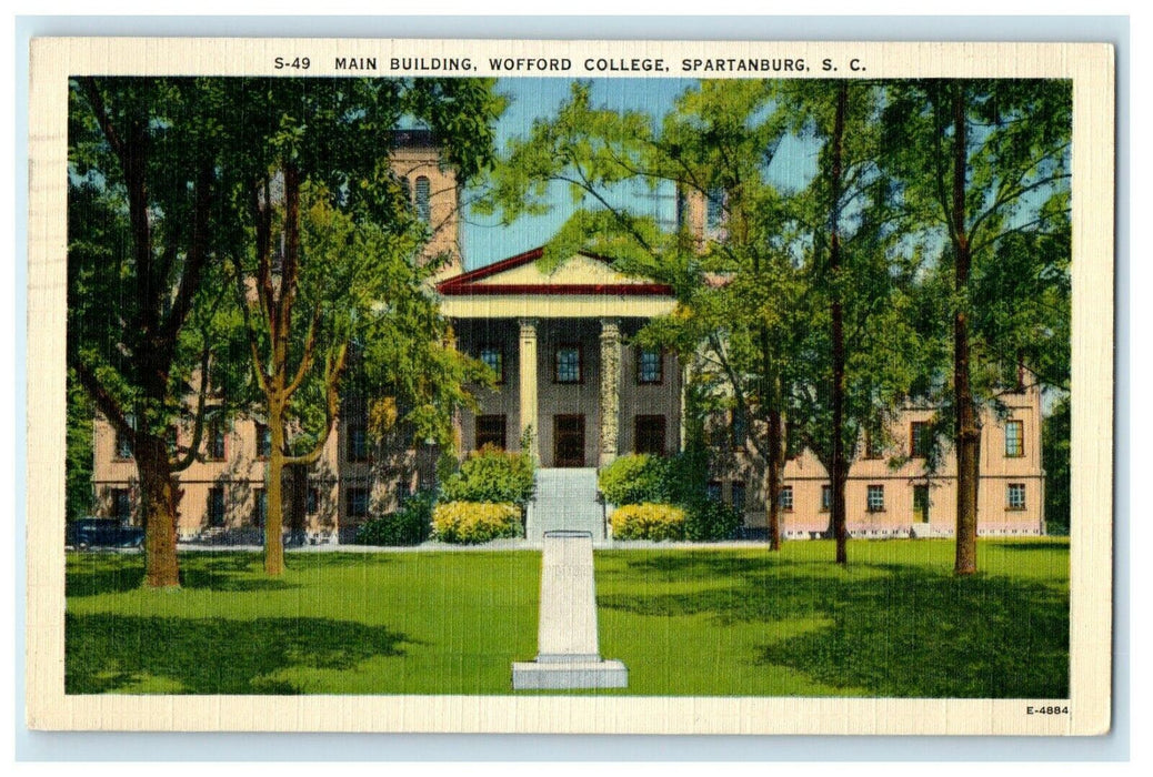 1942 Main Building Wofford College Spartanburg South Carolina SC Postcard