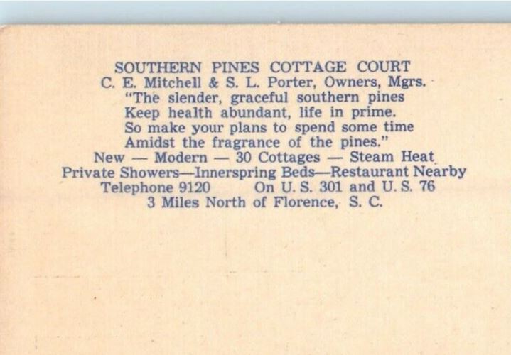 Southern Pines Cottage Court  Motel North Of Florence South Carolina SC Postcard