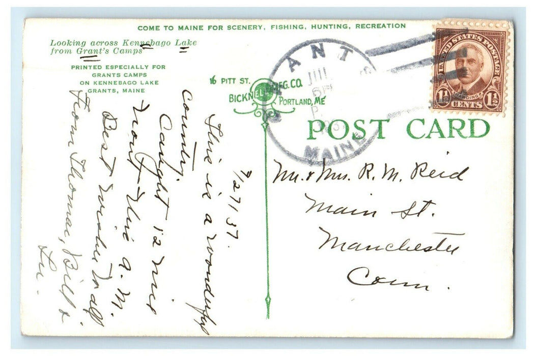 1937 Kennebago Lake From Grant's Camps Maine ME Boats Posted RPPC Photo Postcard