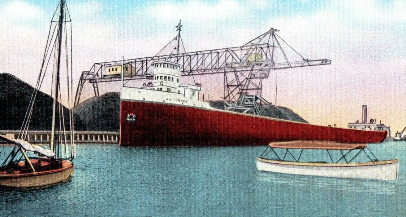 c1940's Ship At Coal Dock J.J Turner Ship Boat Ashland Wisconsin WI Postcard