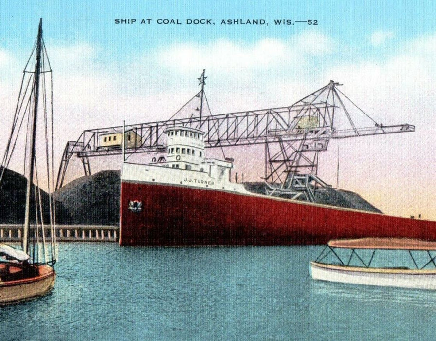 c1940's Ship At Coal Dock J.J Turner Ship Boat Ashland Wisconsin WI Postcard
