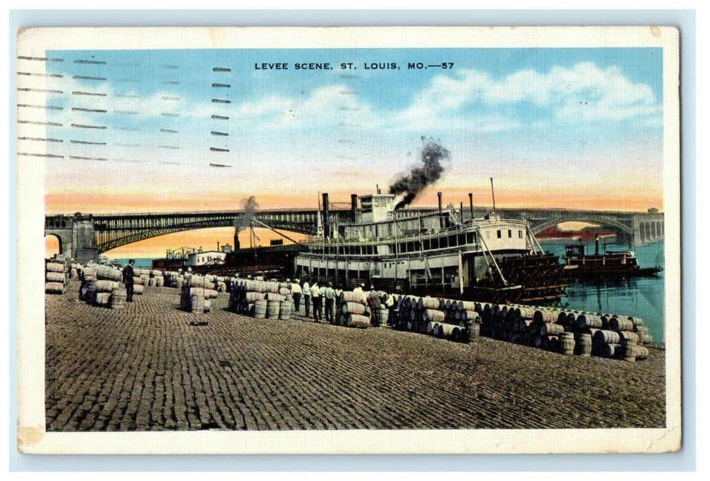 1935 Levee Scene Steamer Showing Eads Bridge St. Louis Montana MO Postcard