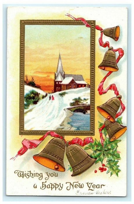 New Year 1912 Bells Church Moline Ill. Gold Embossed Vintage Antique Postcard