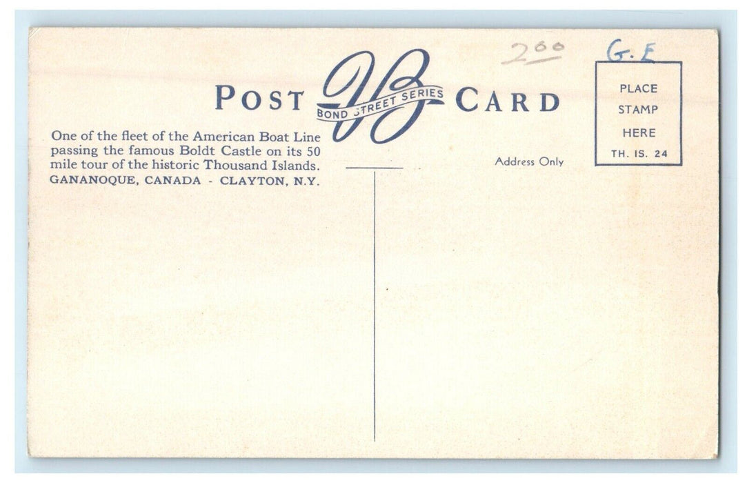 American Adonis Boat Tour Boldt Castle Gananoque Canada To Clayton NY Postcard