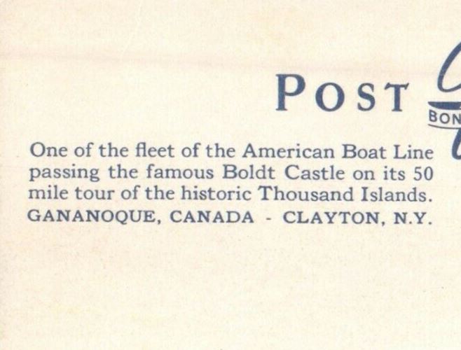 American Adonis Boat Tour Boldt Castle Gananoque Canada To Clayton NY Postcard
