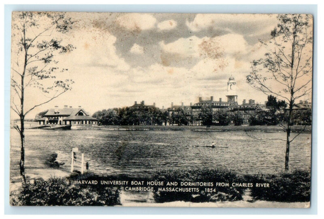 1956 Harvard University Boat House Dorm From Charles River Cambridge MA Postcard