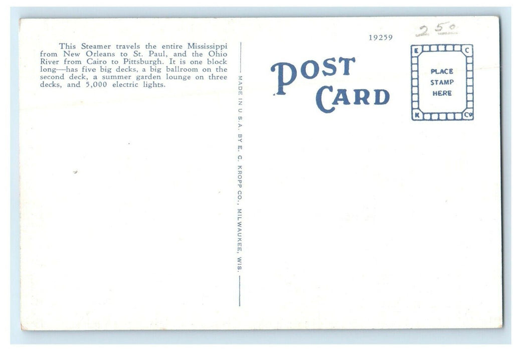c1940's Excursion Steamer "J.S" De Luxe Travels Entire Mississippi MS Postcard