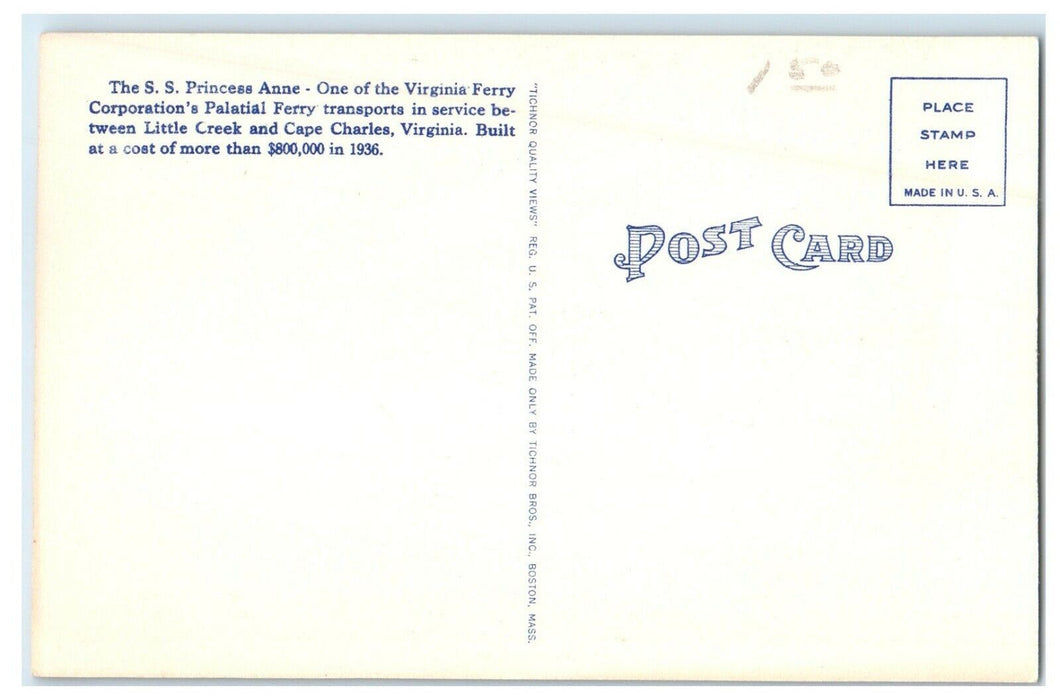 The S.S Princess Anne Ferry Boat Cape Charles Little Creek Norfolk VA Postcard