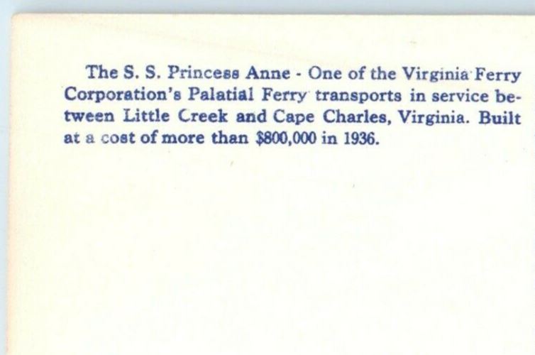 The S.S Princess Anne Ferry Boat Cape Charles Little Creek Norfolk VA Postcard