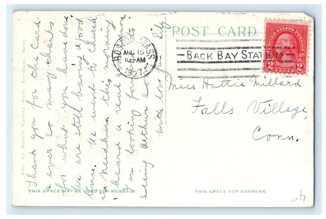 1927 Baptist Church, Needham Massachusetts MA Back Bay Station Cancel Postcard