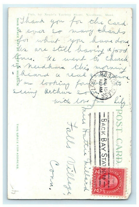 1927 Baptist Church, Needham Massachusetts MA Back Bay Station Cancel Postcard