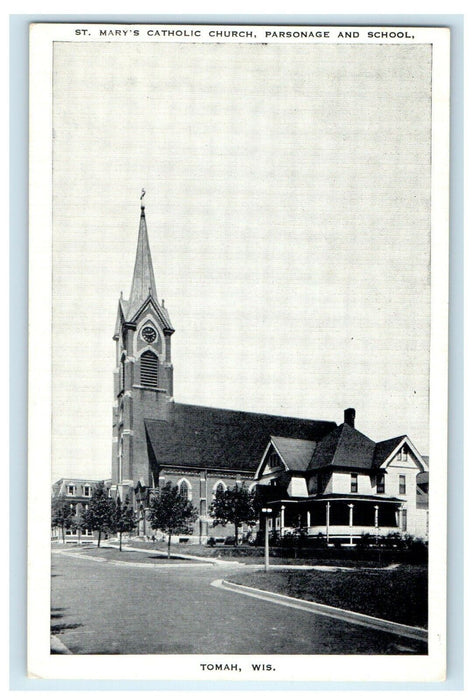 c1940's St. Mary's Catholic Church Parsonage School Tomah Wisconsin WI Postcard