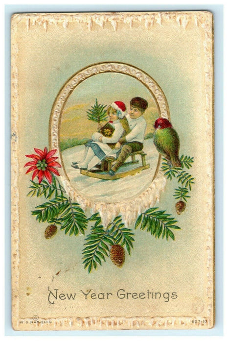 Rasquin New Year's Gel Embossed 1912 Sled Gold Pinecone Vintage Antique Postcard