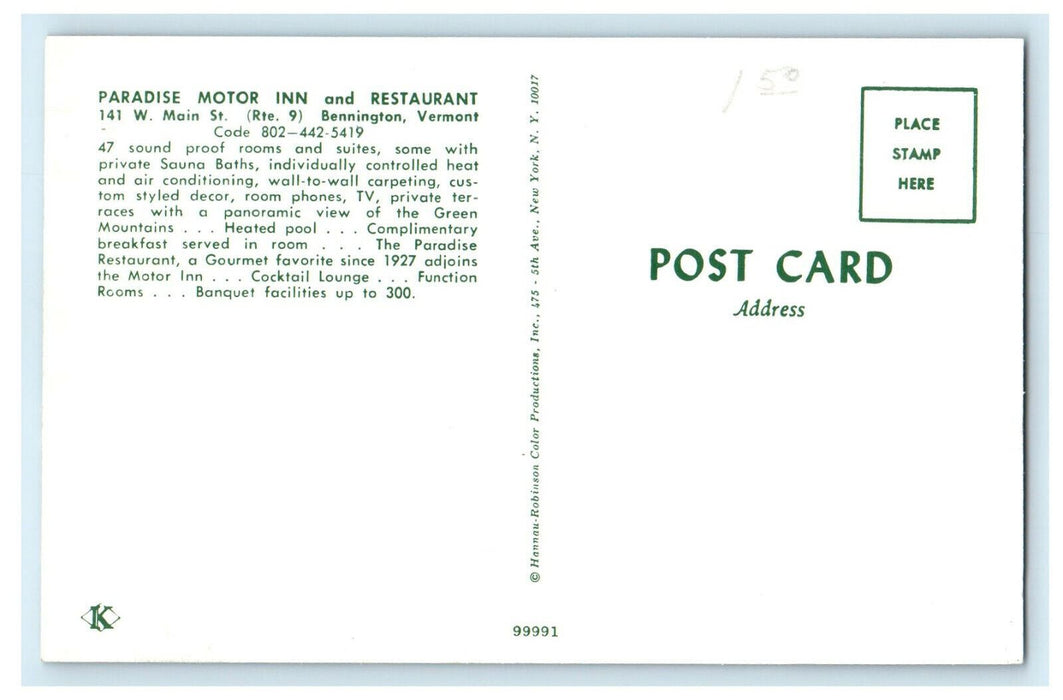c1960 Paradise Motor Inn and Restaurant Bennington Vermont VT Postcard