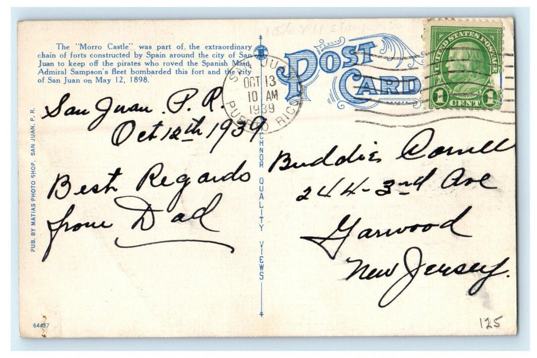 1939 Morro Castle And Entrance To Harbor San Juan Puerto Rico PR Postcard