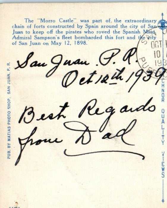 1939 Morro Castle And Entrance To Harbor San Juan Puerto Rico PR Postcard