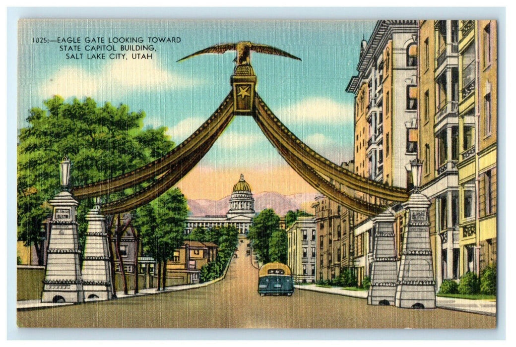 Eagle Gate Looking Toward State Capitol Building Salt Lake City Utah UT Postcard